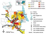 Thumbnail of Katanga and Eastern Kasai, showing distribution of cholera attack rate from 2002 through 2005 and average attack rate of cholera per 10,000 inhabitants per health district.