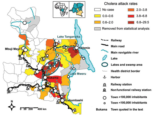 Katanga and Eastern Kasai, showing distribution of cholera attack rate from 2002 through 2005 and average attack rate of cholera per 10,000 inhabitants per health district.