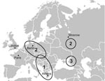 Thumbnail of Map of Europe showing cases, identified by serologic as well as molecular methods, of hemorrhagic fever with renal syndrome caused by infection with the Dobrava-Belgrade virus (DOBV) variants: 1, DOBV-Af; 2, DOBV-Aa ; and 3, DOBV-Ap.