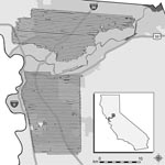 Thumbnail of Map of northern and southern aerial adulticiding treatment areas in Sacramento County, California, 2005, showing the 2 urban areas treated by the Sacramento-Yolo Mosquito and Vector Control District (SYMVCD). Horizontal bars represent swaths of spray clouds created by individual passes of the aircraft, as defined by the spray drift modeling systems. Gaps within spray clouds were caused by factors such as towers and buildings that altered the flight of the aircraft (G. Goodman, SYMVCD, pers. comm.). These gaps were assumed to have negligible effect in this study; no human cases occurred within any gaps. Gray region surrounding much of the spray zones represents the urbanized area of Sacramento; urbanized area is defined by the US Census Bureau as a densely settled territory that contains &gt;50,000 persons (21). For display purposes, we used the NAD83 HARN California II State Plane coordinate system (Lambert Conformal Conic projection). Inset shows location of treatment areas in California.