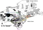 Thumbnail of Incidence of human West Nile virus disease cases in 8 northeastern states, 1999–2006. Deviation ellipses indicate 1 SD of the geographic mean yearly incidence calculated as the incidence weighted average in space for each county. Incidence is attributed to the county centroid. This graph shows the urban concentration along the Eastern Seaboard as well as the outliers in western Pennsylvania (1 case in counties with low populations). The 2005 and 2006 regression of the geographic mean incidence is also depicted.