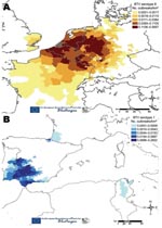 Thumbnail of Number of bluetongue virus (BTV) outbreaks caused by BTV-8 (A) and BTV-1 (B) per kilometer (quartile scale) from May 1, 2007, to December 28, 2007 (EU-BTNET system; available from http://eubtnet.izs.it/btnet).