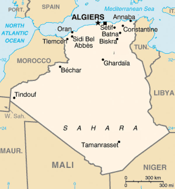 Map of Algeria showing where sandflies were trapped (■).