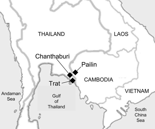 Map of the Cambodia–Thailand border showing the town of Pailin, Cambodia, and the provinces of Chanthaburi and Trat, Thailand; the areas are collectively known as the epicenter of drug-resistant malaria.