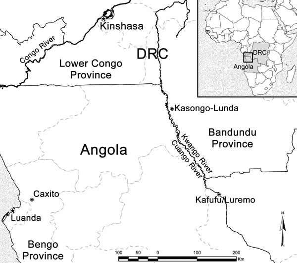 Locations in Democratic Republic of Congo (DRC) (Kasongo-Lunda) and Angola (Kafufu/Luremo) where 3 patients with Buruli ulcer were detected.