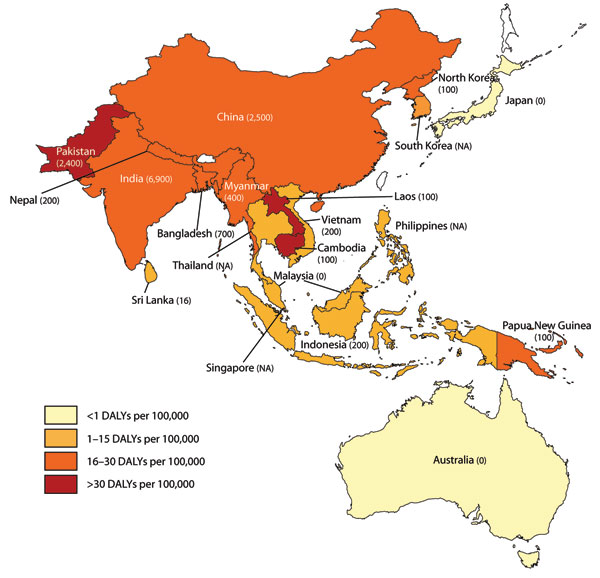 Disability-adjusted life years (DALYs) per 100,000 persons in Japanese encephalitis–endemic countries. Number in parentheses indicate estimated number of deaths in 2002 according to the World Health Organization (20). NA, not available.