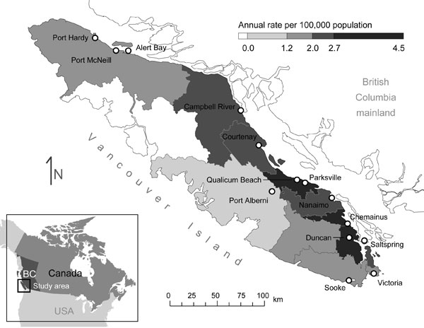 Annual rate of infection with Cryptococcus gattii by local administrative area, 1999–2006 (9), and distribution of visitor center cities on Vancouver Island, British Columbia (BC), Canada. Only visitor centers that were included in the analysis are shown.