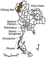 Thumbnail of Provinces of Thailand showing study sites in Phuket, Chiang Mai, Ratchaburi, Nakhon Pathom, Khon Kaen, Chumphon, and Samut Songkham.