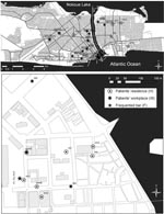 Thumbnail of Maps showing residences and workplaces of Mycobacterium tuberculosis patients in Xwlacodji, Cotonou, Benin, 2005–2006.