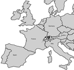 Thumbnail of Geographic distribution of Francisella tularensis subsp. holarctica strains of the central and western European genetic cluster isolated in Switzerland. Dots represent the geographic origin of the isolates (from 7 Swiss cantons). The dashed line indicates the Alps. Strains of the subclade B.Br:FTNF002–00 are known to be present in France and Spain.
