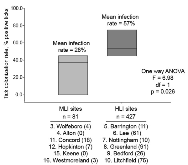 Analysis of variance (ANOVA) of Borrelia burgdorferi prevalence in Ixodes scapularis ticks isolated from New Hampshire counties of medium (MLI) and high (HLI) incidence of Lyme disease.