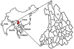 Thumbnail of Counties in the Hengduan Mountain region of Yunnan Province where Kyasanur Forest disease virus antibody has been detected. 1, Lushuii County, antibody found in 31.6% of humans, 25.5% of birds, and 15.4% of rodents; 2, Yingjiang County, antibody found in 46.7% of humans; 3, Longchuang County, antibody found in 6.4% of humans; 4, Ruili County, antibody found in 7.7% of humans; 5, Mangshi County, antibody found in 32.5% of humans; 6, Shidan County, antibody found in 6.3% of humans; 7,