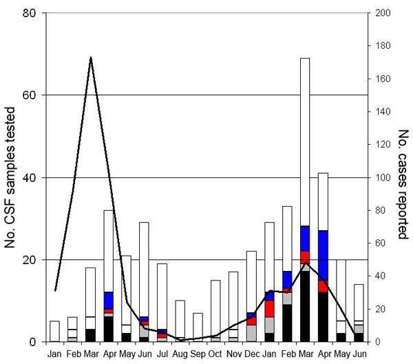 Monthly distribution of cerebrospinal fluid (CSF) specimens tested in Centre Pasteur du Cameroun in Garoua and identified pathogens (January 2007-June 2008). Black, Neisseria meningitidis; gray, Haemophilus influenzae; hatched, Streptococcus pneumoniae; dotted, turbid CSF without identified etiologic agent; white, crystal clear CSF; line, number of notified cases.