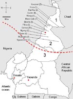 Thumbnail of Map of Cameroon showing the geographic distribution of 53 laboratory-confirmed cases of serogroup W135 meningococcal meningitis (2007-2008). 1, Extreme North Province; 2, North Province; 3, Adamaoua Province; dashed line, southern limit of the African meningitis belt. The number of confirmed cases in a given place is indicated in parentheses. Eq. Guinea, Equatorial Guinea.