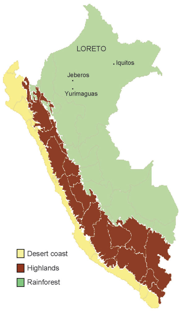 Map of Peru showing Jeberos community in Yurimaguas, Loreto.