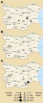 Thumbnail of Geographic distribution of human and animal brucellosis in Bulgaria during A) 2005, B) 2006, and C) 2007.