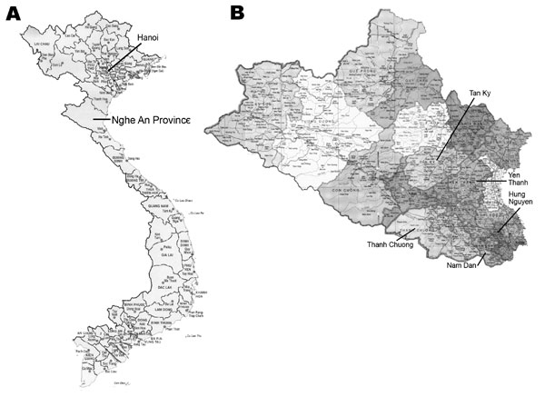 A) Location of Nghe An Province in northern Vietnam. B) Location of the 5 selected districts from which households were selected for investigation of fish-borne zoonotic trematodes in domestic animals.