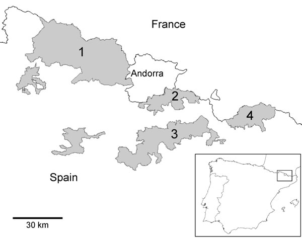 Map of northeastern Spain showing the National Hunting Reserves in Catalonia (shaded areas): 1, Pallars-Aran; 2, Cerdanya-Alt Urgell; 3, Cadí; 4, Freser-Setcases.