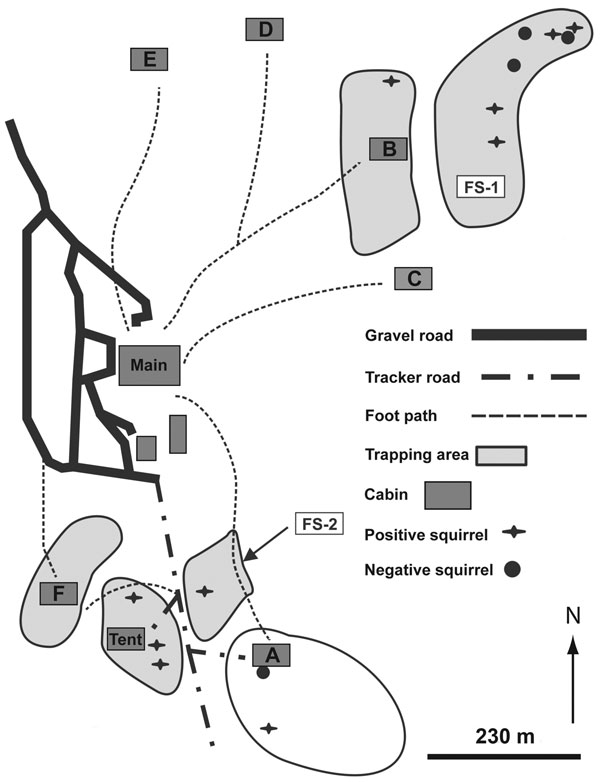 Wilderness camp, Pennsylvania, USA, showing areas where flying squirrels were trapped over a 5-day period during March 2006 for Rickettsia prowazekii testing. Cabins and tent sites are designated by letters A, B, C, D, E, F, and Tent. Field sites are designated FS-1 and FS-2.