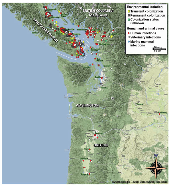 Map of the Pacific Northwest, comprising parts of British Columbia, Canada, and the states of Washington and Oregon in the United States, showing human and veterinary Cryptococcus gattii cases (including marine mammals) by place of residence or detection, and locations of environmental isolation of C. gattii during 1999–2008 (strain NIH444 [Seattle] or CBS7750 [San Francisco] not included). Data were collected from various state health departments and published reports referenced in the text. Th