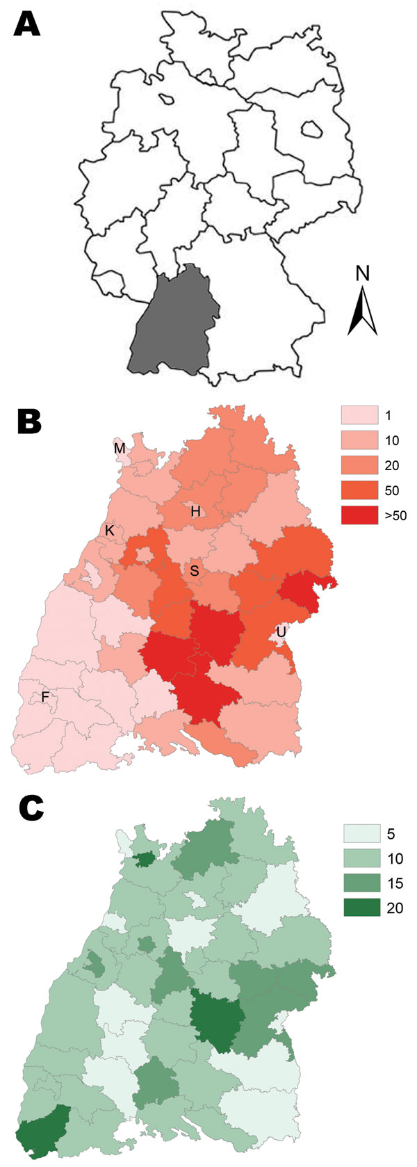 A) Map of Germany showing location of Baden-Württemberg region (gray shading). B) Cumulative incidence (per 100,000 population) of nephropathia epidemica, Baden-Württemberg, Germany, 2001–2007. Letters indicate major cities: F, Freiburg; H, Heilbronn; K, Karlsruhe; M, Mannheim; S, Stuttgart; U, Ulm. C) Percentage cover of beech forest.