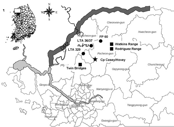 Location of training sites where hemorrhagic fever with renal syndrome (HFRS) patients 1–4 conducted training exercises 50 days before the onset of illness. Rodent surveillance was not conducted at Watkins Range due to limited exposure. DMZ, Demilitarized Zone; LTA, local training area; solid circles, military training sites of patient 1; solid squares, military training sites of patients 2, 3, 4; star, base camp.