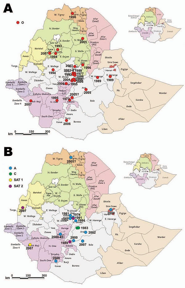 Location of cases of various foot-and-mouth disease (FMD) virus serotypes in the outbreaks of FMD, Ethiopia, 1981–2007, as evidenced by laboratory diagnosis. A) Serotype O, B) serotypes A, C, Southern African Territories (SAT) 1, and SAT 2. All boundaries are approximate and unofficial. Original map produced by United Nations Emergencies Unit for Ethiopia, 2000.