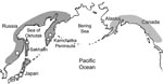 Thumbnail of Possible distribution area of Diphyllobothrium nihonkaiense. Open circle, open square, and open triangle represent brown bears, humans, and Pacific salmon, respectively, from which D. nihonkaiense adult worms or plerocercoids were isolated and identified by DNA sequencing (DNA sequences refer to reference 21). Patients in European countries are suspected to have eaten salmon imported from the Pacific coast of North America.