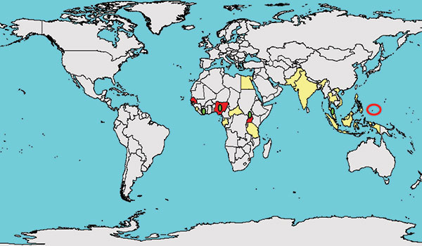 Approximate known distribution of Zika virus, 1947–2007. Red circle represents Yap Island. Yellow indicates human serologic evidence; red indicates virus isolated from humans; green represents mosquito isolates.