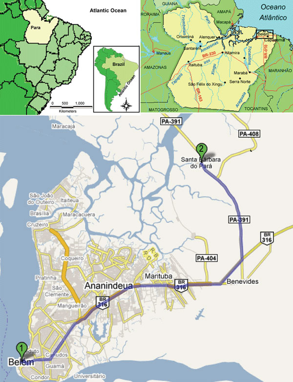 A) Location of Pará State in northern Brazil; B) location of Belém region within Pará State; C) locations of 1) Santa Barbara and 2) Pau D'Arco settlements. PA-391, highway access to the municipality. Digital imaging was accessed in February 2008 at www.google.com.br/mapas.