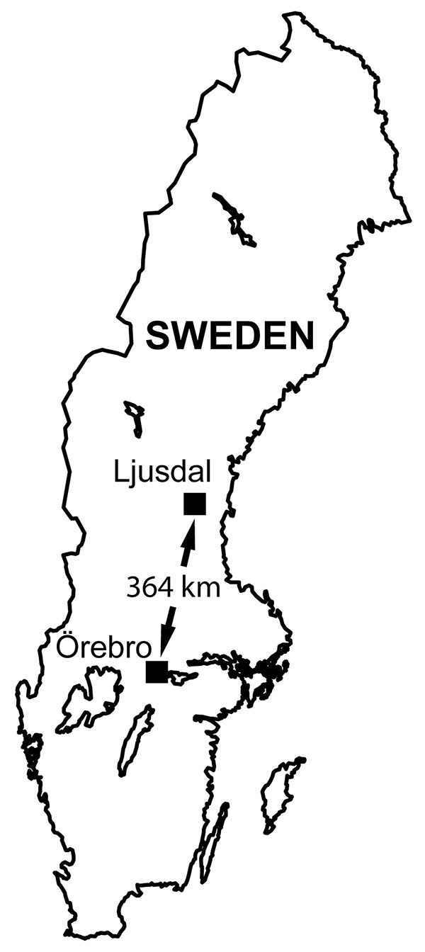 Locations of the 2 tularemia outbreak areas in Sweden, showing Ljusdal and Örebro 364 km apart.