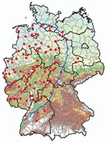Thumbnail of Culicoides spp. monitoring area, 150-km zone restricted because of the occurrence of bluetongue disease in Germany as of January 2007 (blue border), and geographic positions of 89 black light traps (red dots).