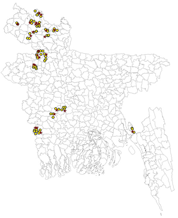 Locations of 25 backyard farms where outbreaks of highly pathogenic avian influenza A virus (H5N1) infection occurred during March–November 2007 (red stars) and 75 control backyard farms (yellow circles), Bangladesh.