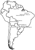 Thumbnail of Locations and respective human herpesvirus type 8 seroprevalence rates (%) of Native American populations studied, South America.