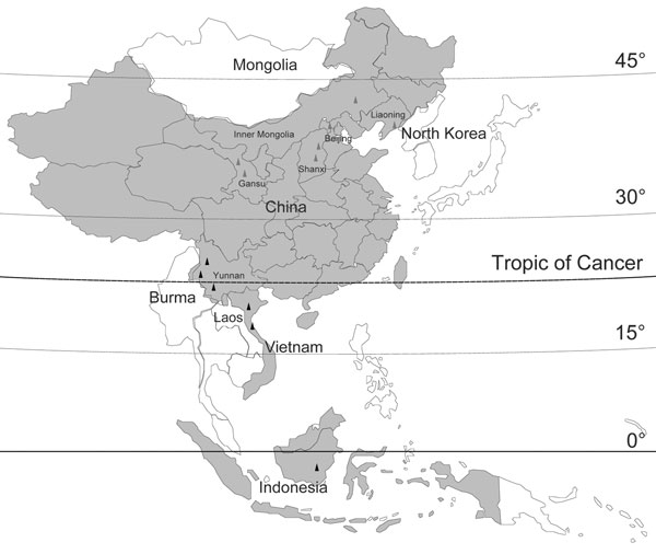 Location of new Banna viruses (BAVs) isolated in China (red triangles) and previously reported BAV isolation sites (black triangles). Countries reporting isolation of BAV are shaded. The names of the countries that are contiguous with BAV isolation sites are labeled. BAV distribution sites in Indonesia, Vietnam, and part of China are located in tropical zones, which lie predominantly between the Tropic of Cancer and the equator. Most BAV distribution sites in China in the area from the Tropic of