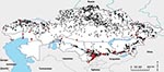 Thumbnail of Anthrax outbreaks in Kazakhstan, 1937–2005. Each dot represents an outbreak; red dots indicate that cultures were isolated and analyzed from these outbreaks.
