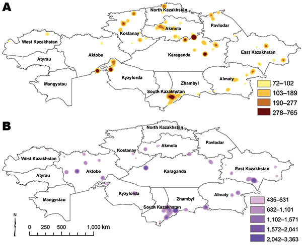 Kernel density estimates of anthrax outbreaks in cattle (A) and sheep (B), Kazakhstan, 1937–2005. Color shading represents SD values relative to density values from the kernel density estimate analysis for each species.