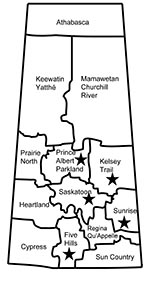 Thumbnail of Geographic distribution of 5 livestock-associated methicillin-resistant Staphylococcus aureus isolates (stars) from humans, Saskatchewan, January 2007–October 2008.
