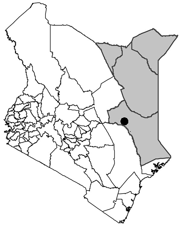 North Eastern Province (shaded area), Kenya. The city of Garissa is marked with a black circle.