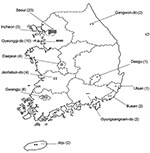 Thumbnail of Geographic distribution of clinics participating in enterovirus surveillance, South Korea, 2009.