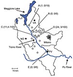 Thumbnail of Collection sites (triangles A–E) of Ixodes ricinus ticks in the counties of Milano, Pavia, and Varese, Po River Valley, Italy, 2008. Ticks were collected in rural or suburban areas of the municipalities of Somma Lombardo (collection site A), Lonate Pozzolo (B), Magenta (C, D), and Pavia (E). The 3 numbers in parentheses for each collection site indicate number of tick nymphs positive for Borrelia afzelii, number of nymphs positive for B. lusitaniae, and number of nymphs examined by