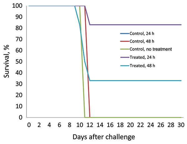 Survival curves for Marburg virus–infected rhesus macaques treated 24 or 48 h after challenge with a recombinant vesicular stomatitis virus vaccine.