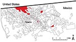 Thumbnail of Red shaded areas indicate colonias of Tijuana, Mexico where pandemic (H1N1) 2009 virus screening took place, May 1–November 20, 2009.