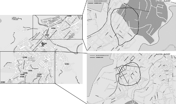 The 2 neighborhoods in Alcoi, Spain, with identified risk areas for the outbreak of legionellosis, 2009 (left). For each area, an enlarged map at right shows the common risk area (black lines) and the streets where the milling machine and water tank had operated during the incubation periods (gray lines).