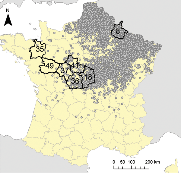 Locations included in a serologic study of the 2007 epizootic wave of bluetongue virus serotype 8 (BTV-8) among cattle herds in France. Black lines indicate the 7 departments included in the study: 6 departments aligned on an east�??west transect (codes 18, 41, 36, 37, 49, and 35); and the first department to report BTV-8 infection in 2006 (code 08). Dots represent locations of BTV-8 outbreaks during 2007.