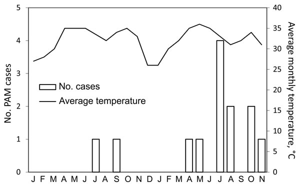 Primary amebic meningoencephalitis (PAM) cases seen in 2008 and 2009 by month (white bars) and average monthly peak temperatures (black line), Karachi, Pakistan. Karachi monthly temperatures obtained from http://www.wunderground.com/global/PK.html.