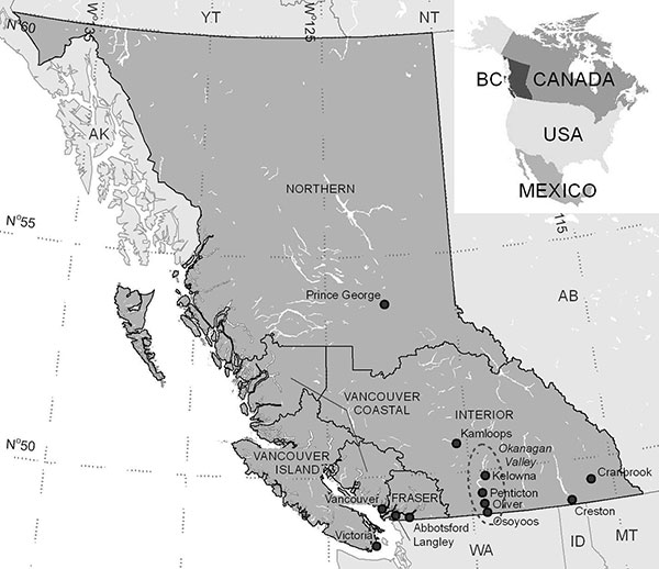 Select cities (lower case) in British Columbia, Canada, and Regional Health Authorities (RHA, upper case). Each RHA undertakes West Nile Virus surveillance under the guidance and recommendations of the British Columbia Centre for Disease Control. The dashed oval encompasses the Okanagan Valley, which was the primary focal point of West Nile Virus activity in British Columbia during 2009. WA, Washington, USA; ID, Idaho, USA; MT, Montana, USA.