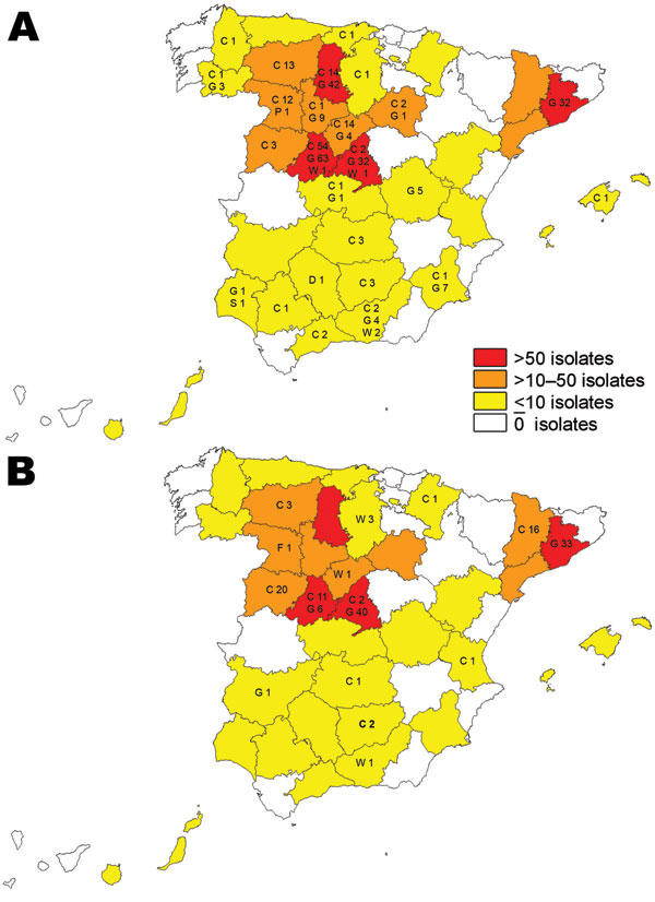 Map of Spain showing the distribution of the 2 most frequent Mycobacterium caprae spoligotypes and affected animals: C, cattle; D, red deer; F, fox; G, goats; S, sheep; P, pigs; WB, wild boar. A) Spoligotype SB0157. B) Spoligotype SB0416.