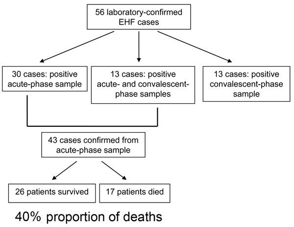 Number of laboratory-confirmed Ebola hemorrhagic fever (EHF) cases diagnosed on the basis of positive acute-phase or convalescent-phase diagnostic samples and calculation of proportion of deaths among case-patients who had an acute-phase diagnostic sample, Bundibugyo District, Uganda, 2007.