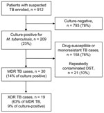 Thumbnail of Determination of prevalence of tuberculosis (TB) and drug resistance among persons with suspected TB, Tugela Ferry, South Afica, 2008–2009. DST, drug susceptibility testing; MDR TB, multidrug-resistant TB; XDR TB, extensively drug-resistant TB.